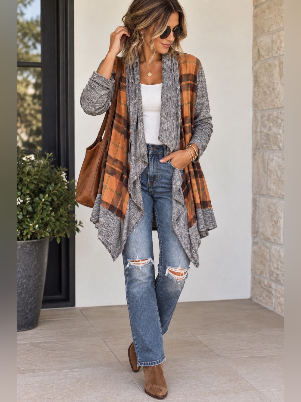 New BKE Cardigan Open Front Plaid Cardigan medium